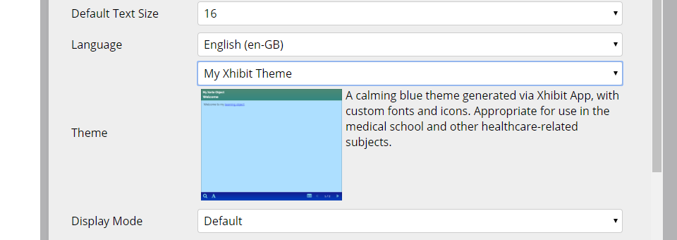 The Xerte theme dropdown menu