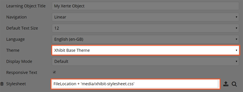 Screenshot of Xerte theme settings